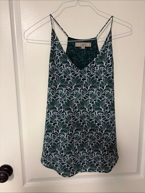 LOFT Dark Green and White Leaf-Print Spaghetti Strap Camisole